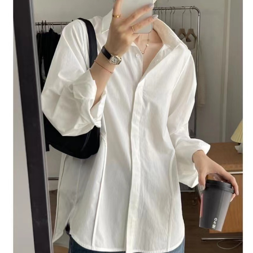 Korean women's white long-sleeved blouse with loose polo neck | Shopee ...