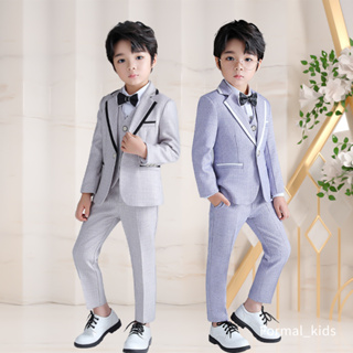 3PCS Baby Boy Outfits Grid Suit Coat+Vest+Pants Formal Wedding Party  Clothes Set