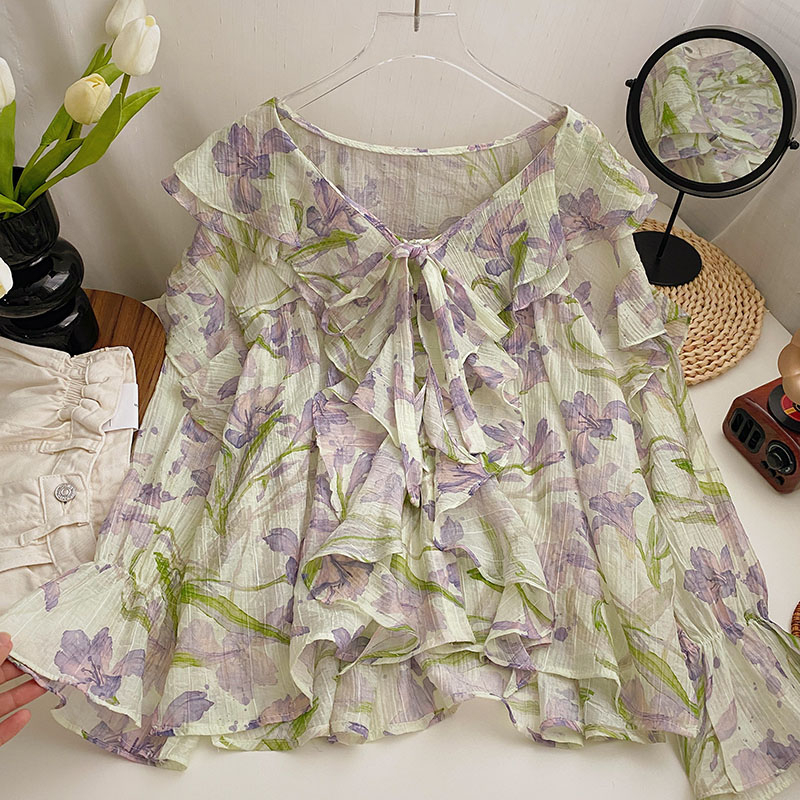 Korean Style Women Ladies Loose Chiffon Floral Ruffle Long Sleeve Shirt ...