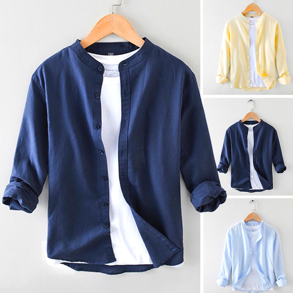 Chinese Collar Kurta Cotton Linen Long Sleeved Shirt Men Plain Summer