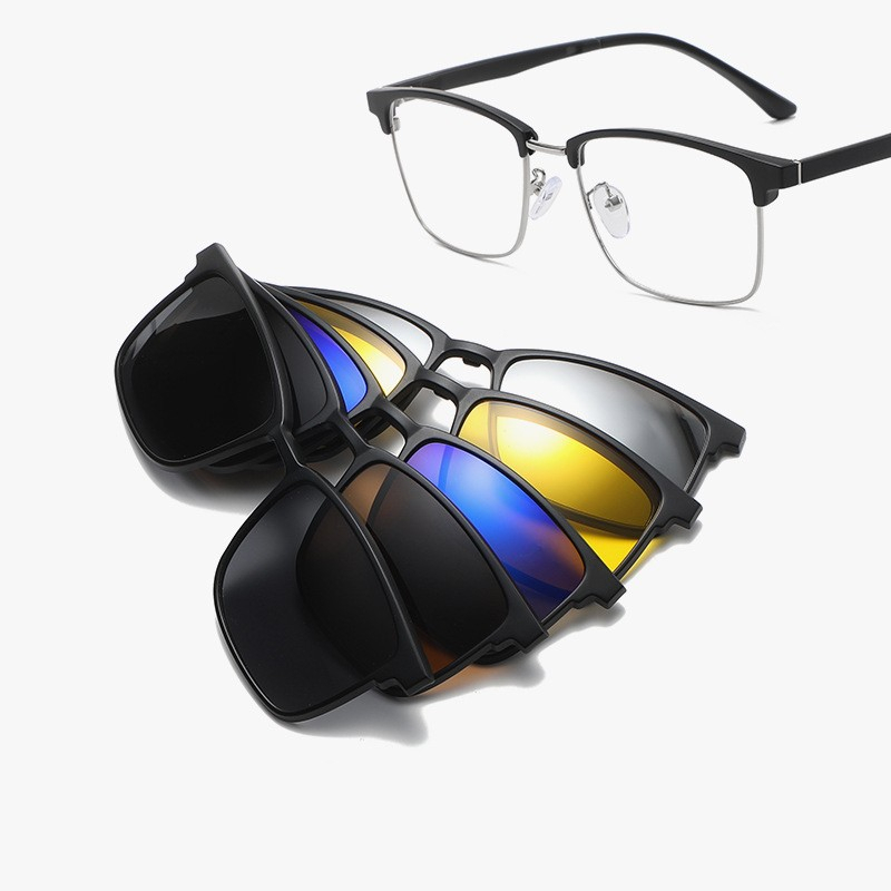 6 in 1 New vintage mirror set sunglasses men's semimetal TR square