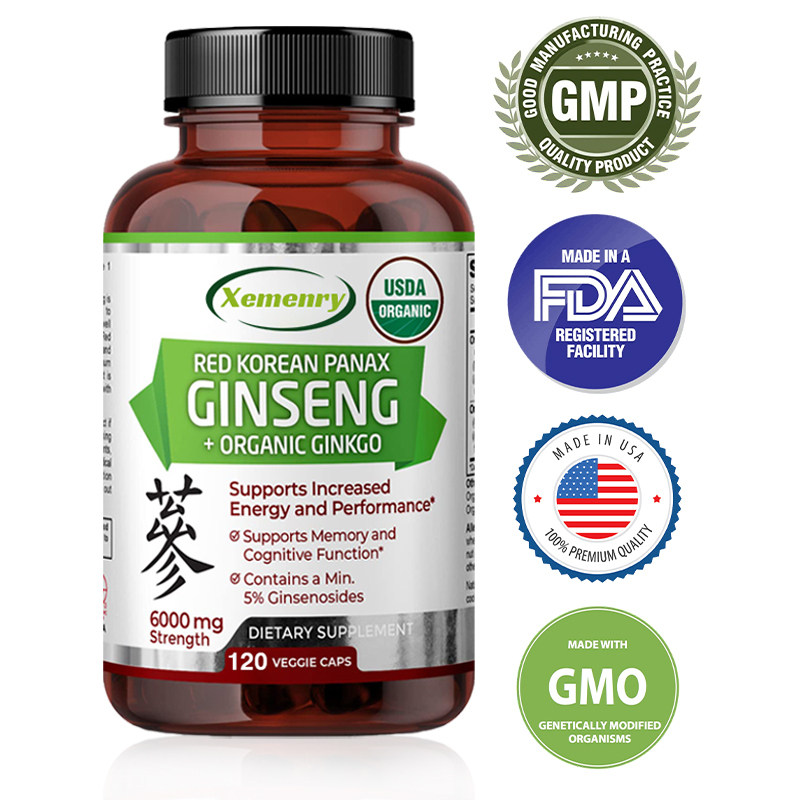 XEMENRY USDA Organic Red Korean Ginseng 6000 mg Strength, 201 Extract