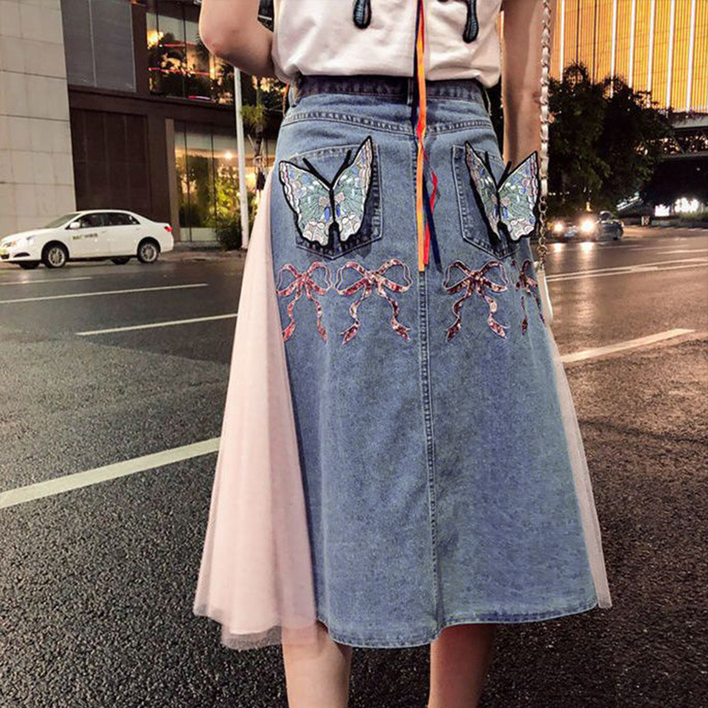 Ready Stock Vogue Women High Waist a Line Denim Skirts Long Embroidered Stitching Shopee Malaysia