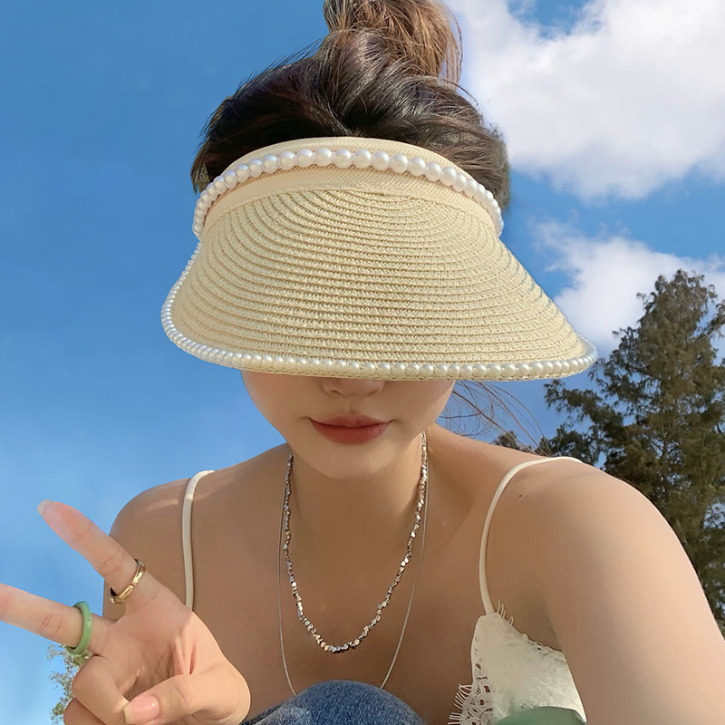 Straw Pearl Visor Women Straw Sun Visor Hat Wide Brim Beach Sun Hat UV
