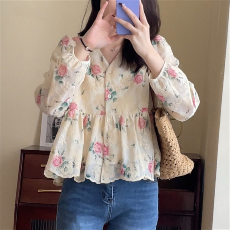 Korean Style Women Ladies Loose Vintage Embroidery Flower V Neck Long ...