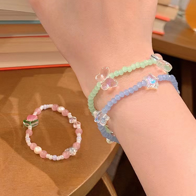 Summer Tulip Crystal Beaded Bracelet Colorful Glass Butterfly Flower