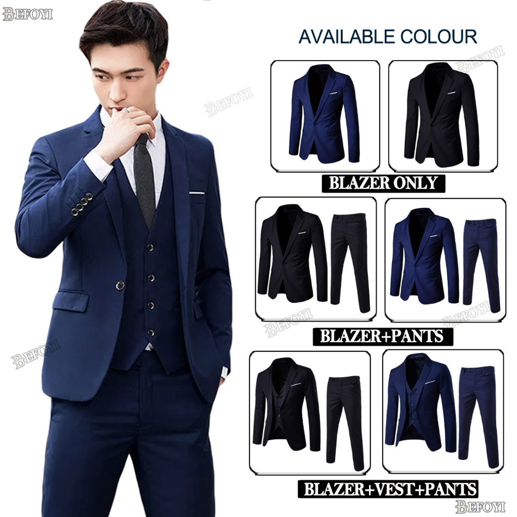 🇲🇾 Local Delivery Men Blazer Set 3 piece Suit Tuxedo Formal Business  Wedding Blazzer Korean Office Outerwear Coat Slack Pants Jacket baju kot  lelaki Navy Three Pcs Set M (50-55KG)