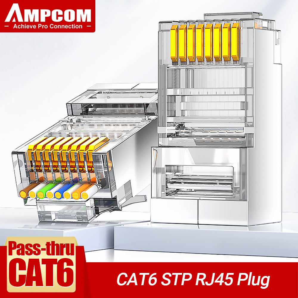 AMPCOM CAT6 Pass Through 8P8C STP RJ45 Connectors Shielded 3/50μ Gold ...