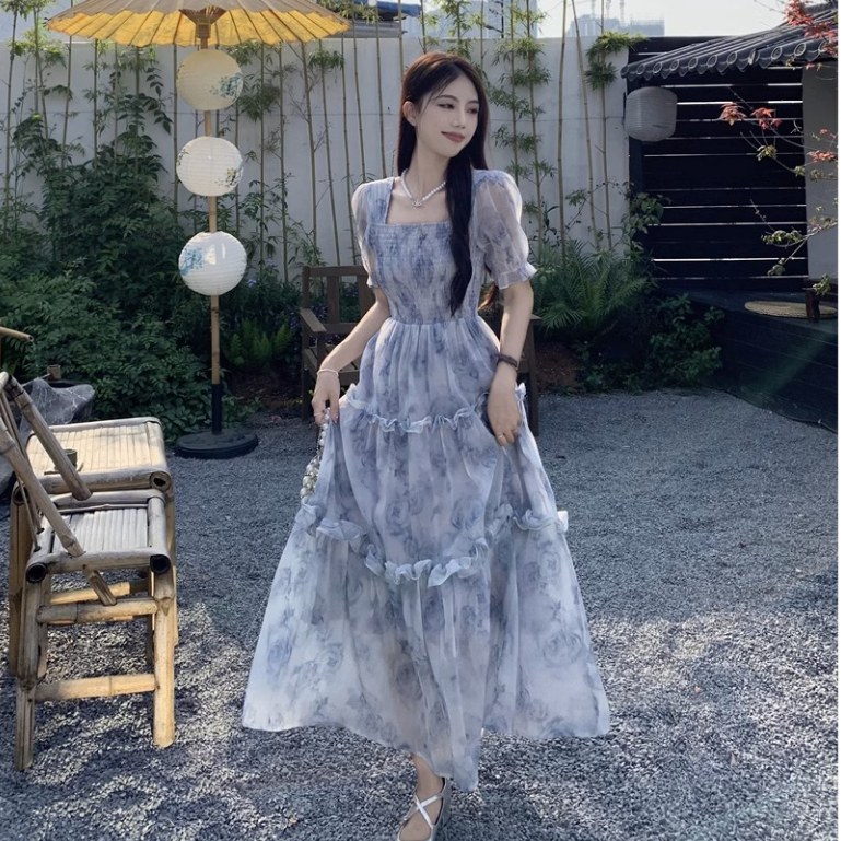 Romantic Square Neck Puff Sleeve Fairy Garden Dress