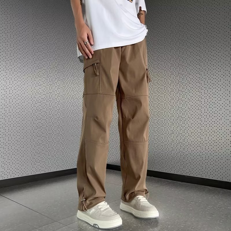 Cargo Pants Straight Leg Men Summer Zipper Khaki Loose Pockets Casual ...