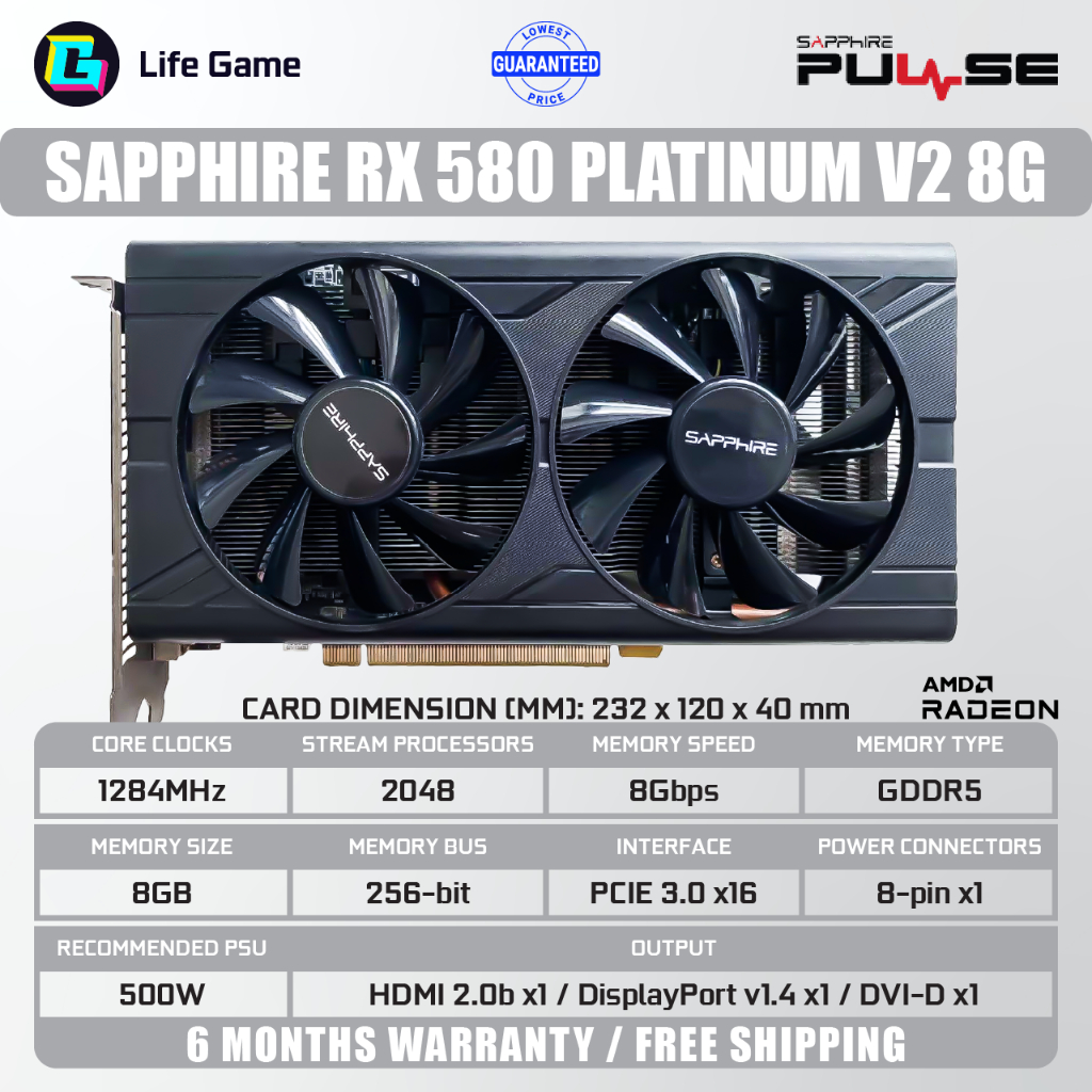 Used Sapphire RX 580 590 RX580 2048sp 8G 8GB D5 DUAL FAN AMD Graphic ...