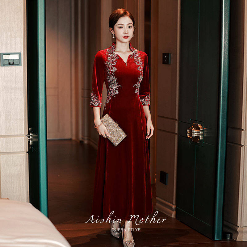 Malaysia Stock Fast Shipping Premium Red 3/4 Sleeve Long Cheongsam Velvet  Slim Mother Dress Elegant Traditional Evening Dresses Plus Size Qipao