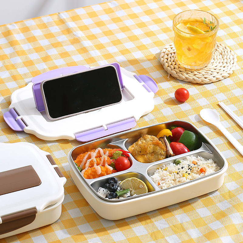 304 Stainless Steel Square Lunch Box with Tableware Four-Compartment