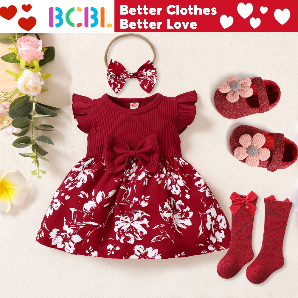 Red Dress for Baby Girl Flying Sleeve Flower Pattern Baby Girl Dress