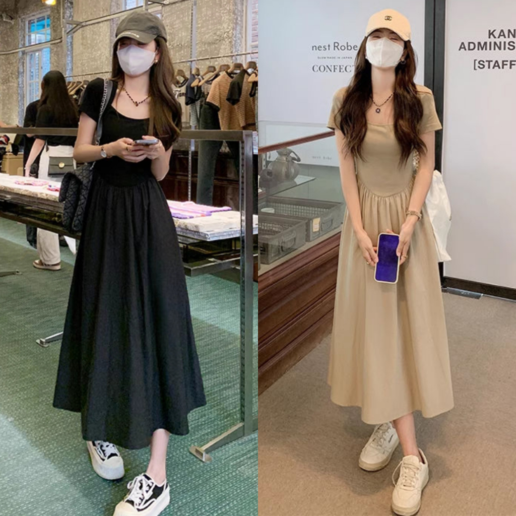 Dress Korean Square Neck Short-Sleeved Dress Long Skirt a-Line Dress ...