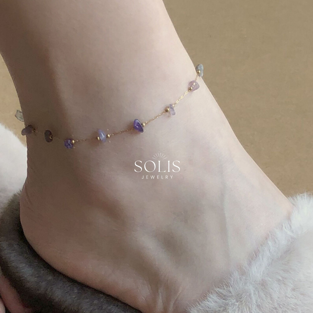 Natural Amethyst Purple Crystal Anklet • Waterproof Non Tarnish Jewelry • 18K Gold Plated 316L