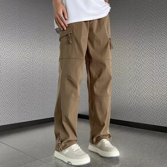 Cargo Pants Straight Leg Men Summer Zipper Khaki Loose Pockets Casual 