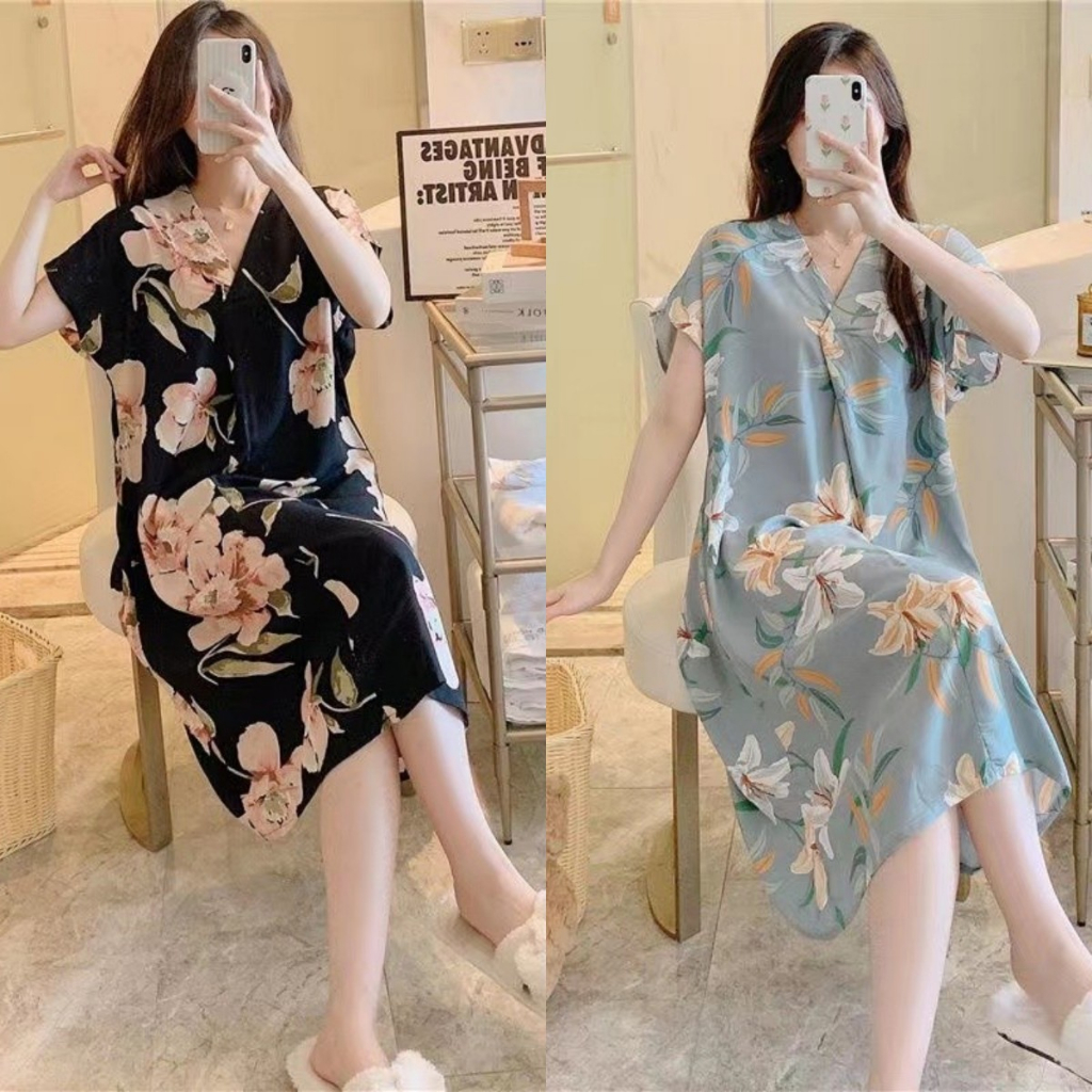 READR STOCK Night dress cotton silk Plus size Sleepwear women Nightwear comfortable Sleeping dresses clothes ladies nightdress satin baju tidur wanita Shopee Malaysia