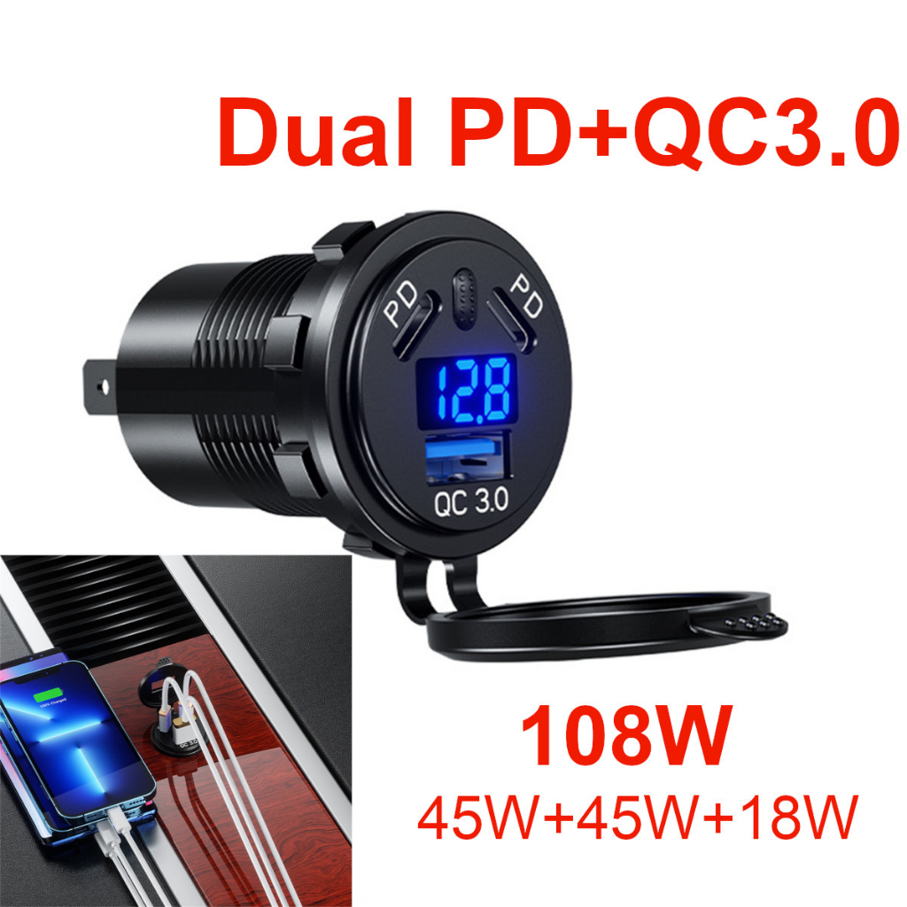 78W Waterproof Dual PD Type-C+QC3.0 Ports Power Adapte Car Fast Charger ...