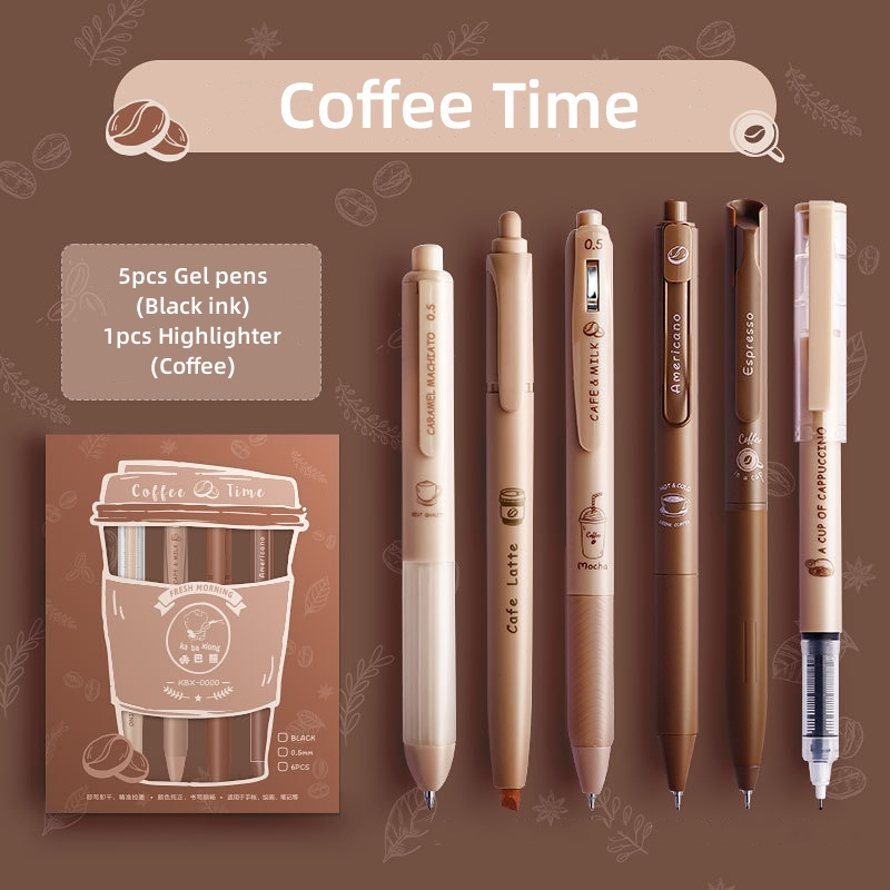 Penlab 6pcs Coffee Time Gel Pens Highlighter Set 0.5mm Ballpoint Black ...