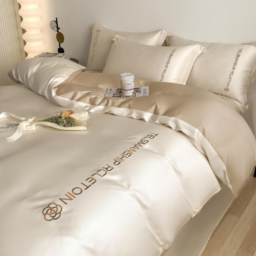 Ruya Series Camellia Ice Silk Bed Set Washed Silk Double Bed Set 4IN1