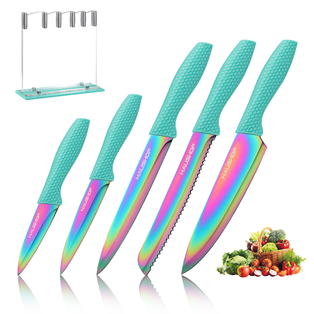 HAUSHOF Kitchen Knife Set 5 Pieces Rainbow Knife Sets with Block