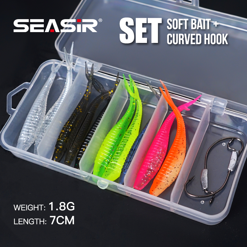 SEASIR Soft Bait Fishing Lure Set (10 Pcs) + Curved Hooks 8 Colors (2 Pcs x  1.8g/7cm) [Free Bait Box]