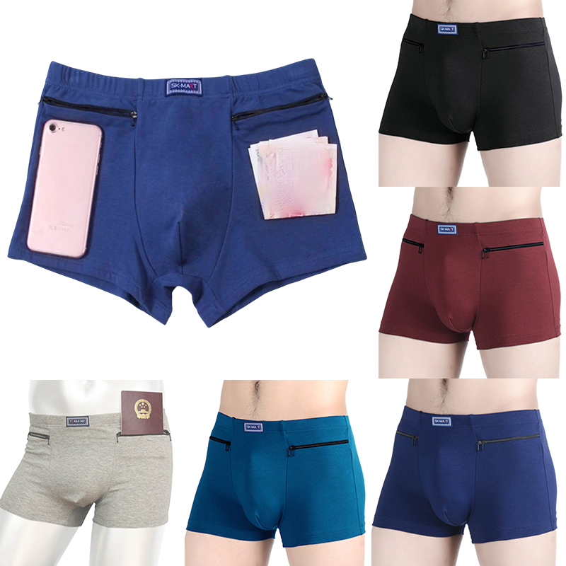 Men's Double Pockets Underwear Antitheft Boxer Panties Cotton