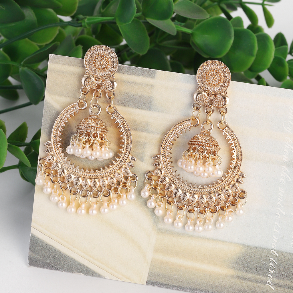 Classic Vintage Gold Color Round Dangle Earrings Womens Bohemian Flower Bells Pearl Tassel 4189