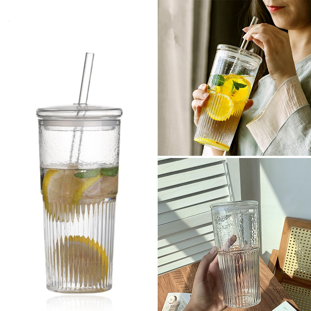 600ML Ribbed Glass cups with Lids and Glass Straws Fluted Vintage