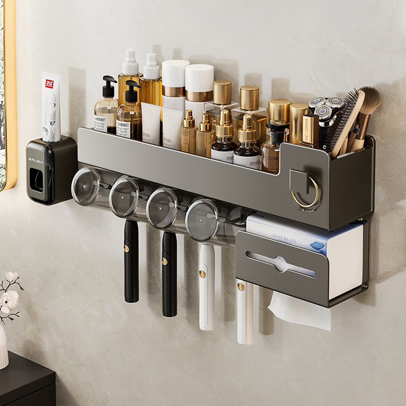 GCGJ Grey Toothbrush Holder Bathroom Shelf Tooth Cup Organiser No Drill Washcloth Integrated