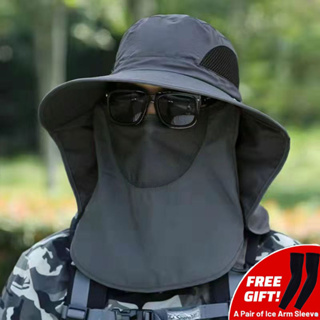 Free ice sleeves】Men Fishing Hat Outdoor Fisherman Hat Neck Flap Waterproof  Full Face Cover Sun Protection UV-proof Sun Hats Topi Penutup Anti Mosquito