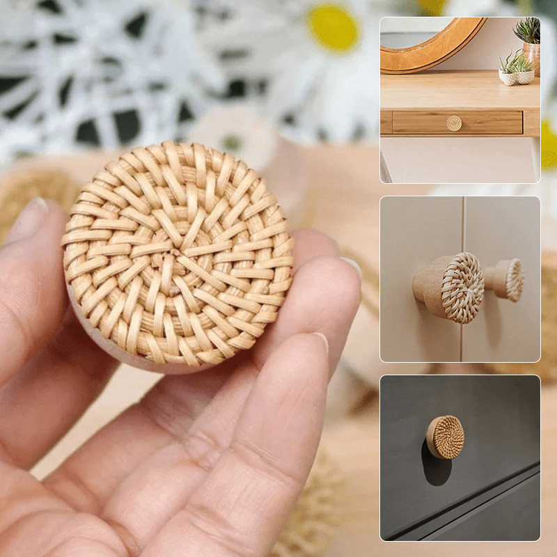 Boho Rattan Dresser Knobs Round Wooden Handle Drawer Knobs