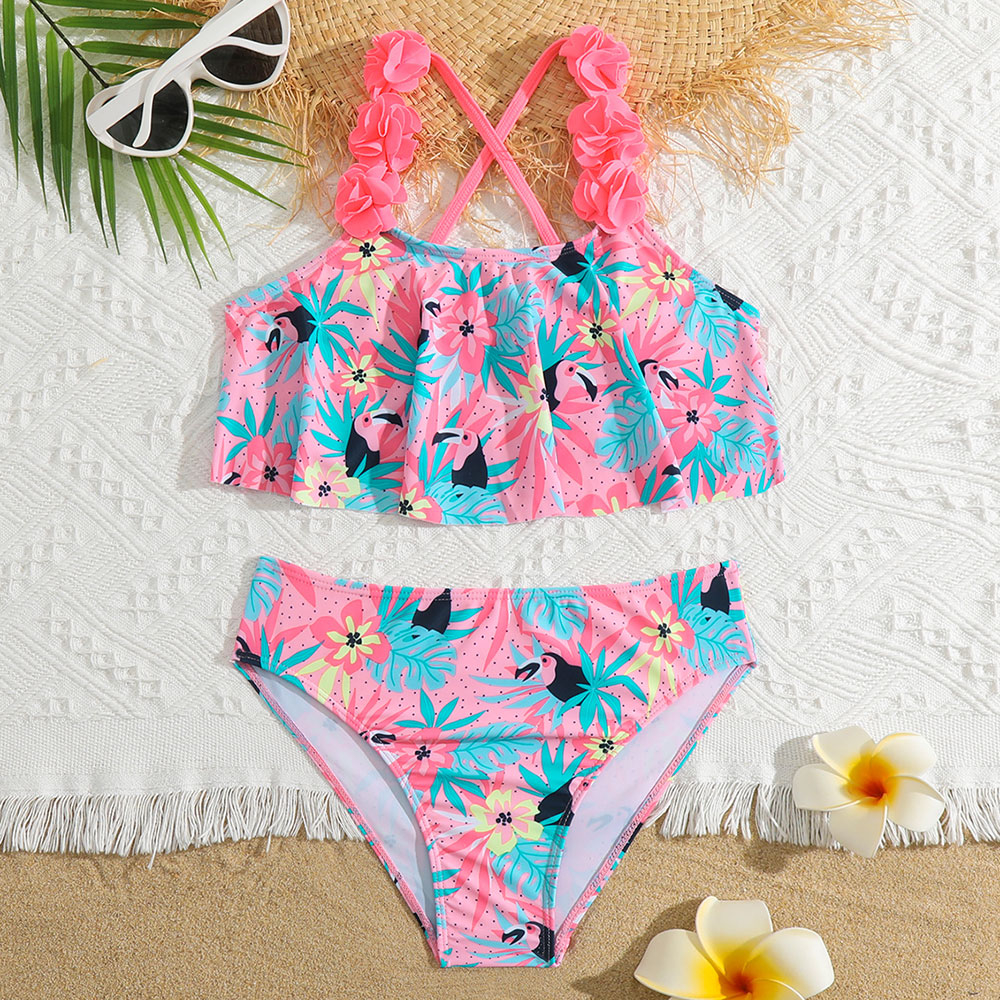 Flower Flounce Girl Swimsuit Kids Tropical Plant&Toucan Girl Bikini Set