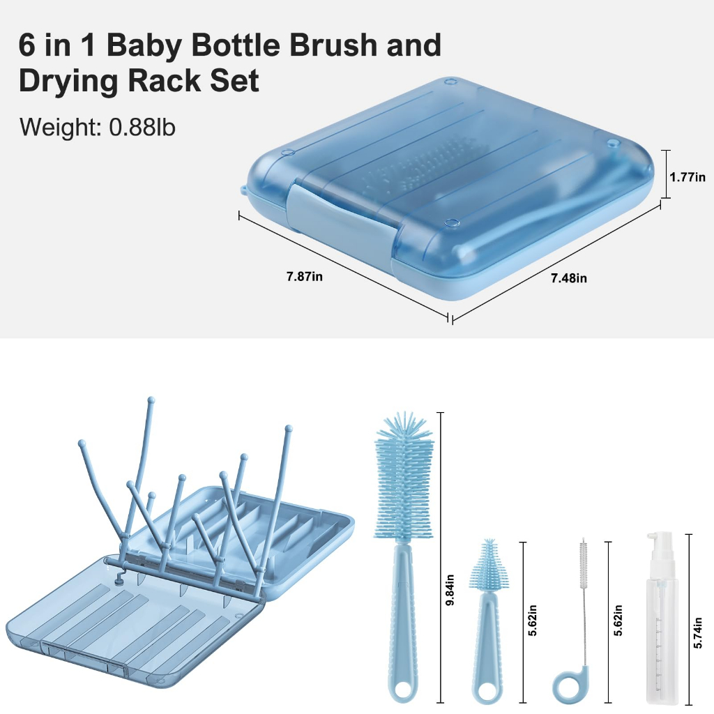 6 in 1 Baby Bottle Brush Set with Travel Bottle Drying Racks,360