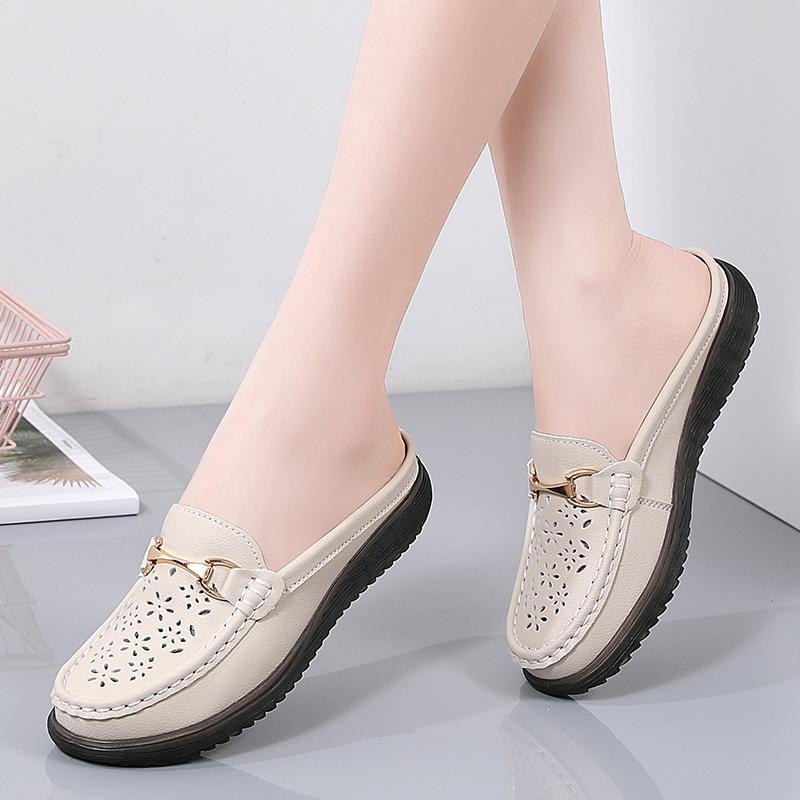 Summer Genuine Leather Middle-aged Elderly Half-Slippers Women's Outer ...