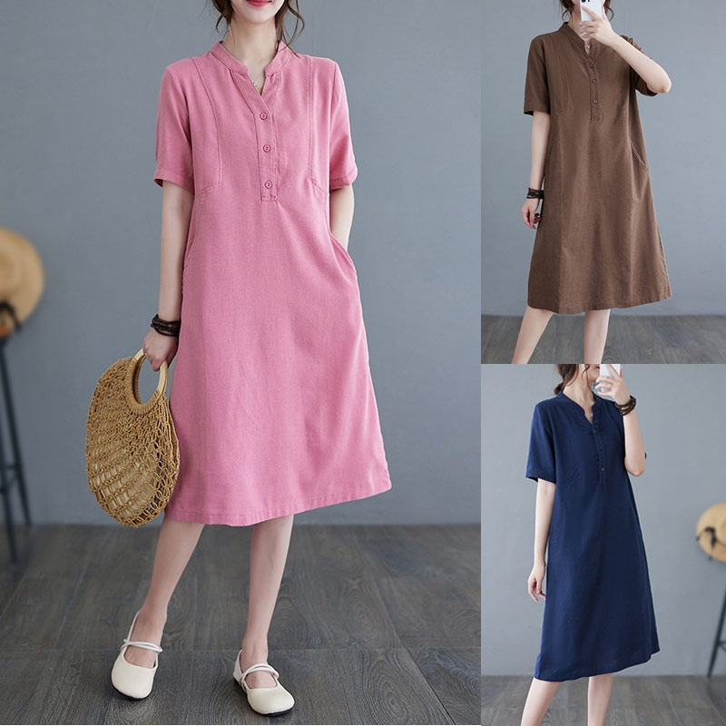 Women Dress plus Size Cotton and Linen Vneck Short Sleeve MidLength