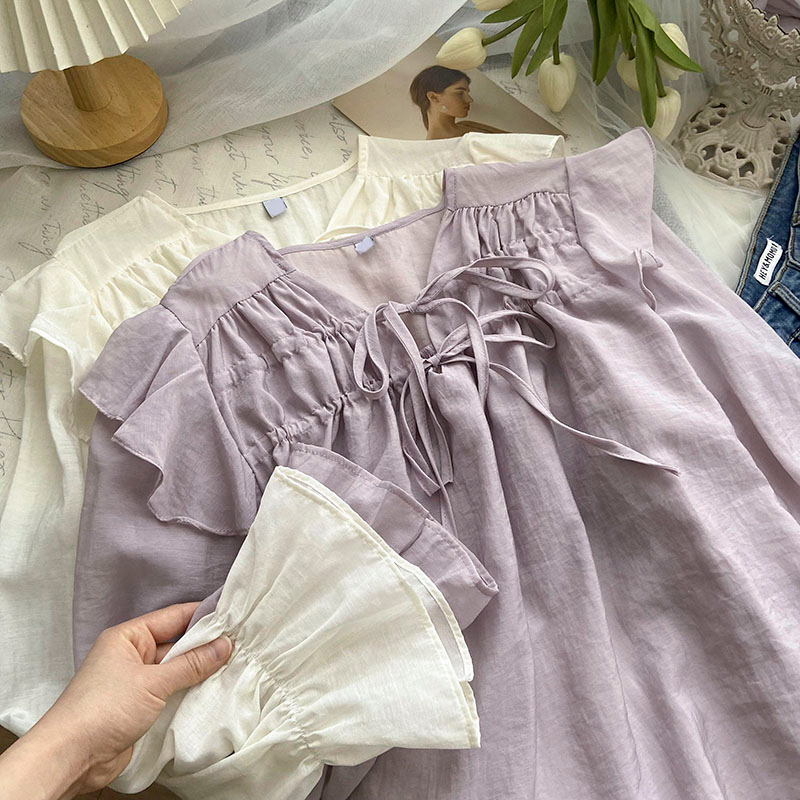 Korean Style Women Ladies Loose Chiffon Ruffle Long Sleeve Shirt Blouse ...