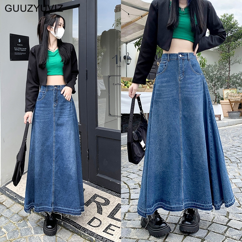 Blue Denim High Waist Long Half Skirt Women's A-line Umbrella Skirt ...