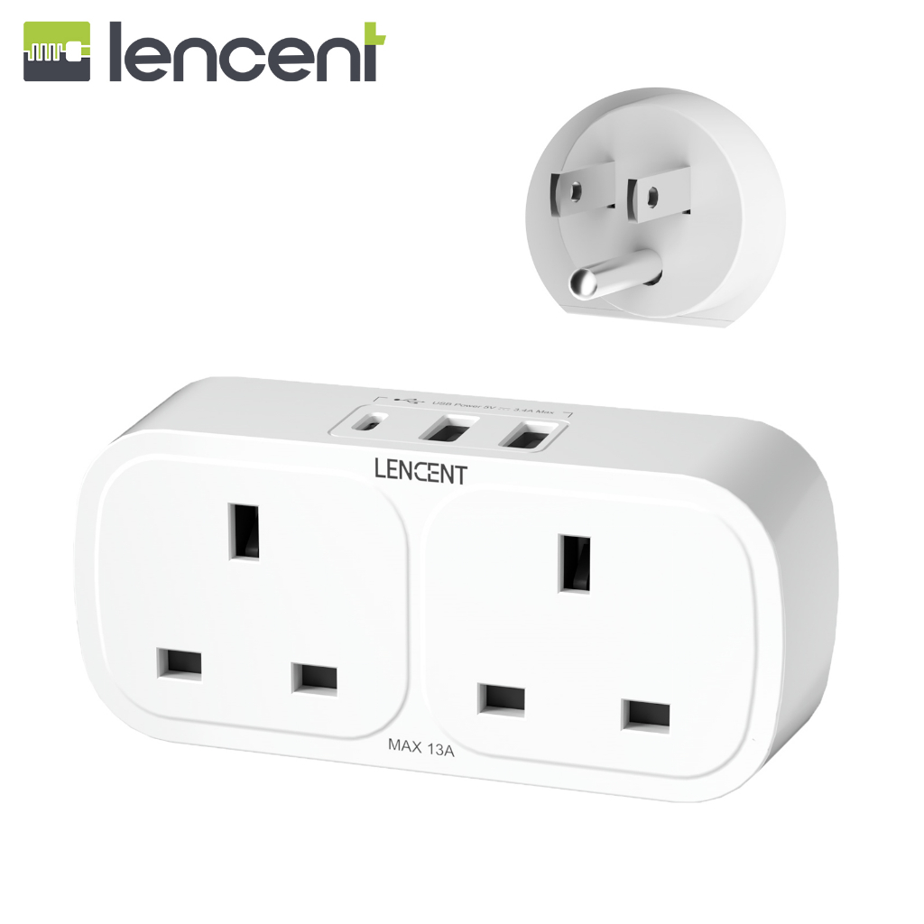 LENCENT UK To US USA Plug Adaptor With 1 Type C And 2 USB Ports, 2 Way ...