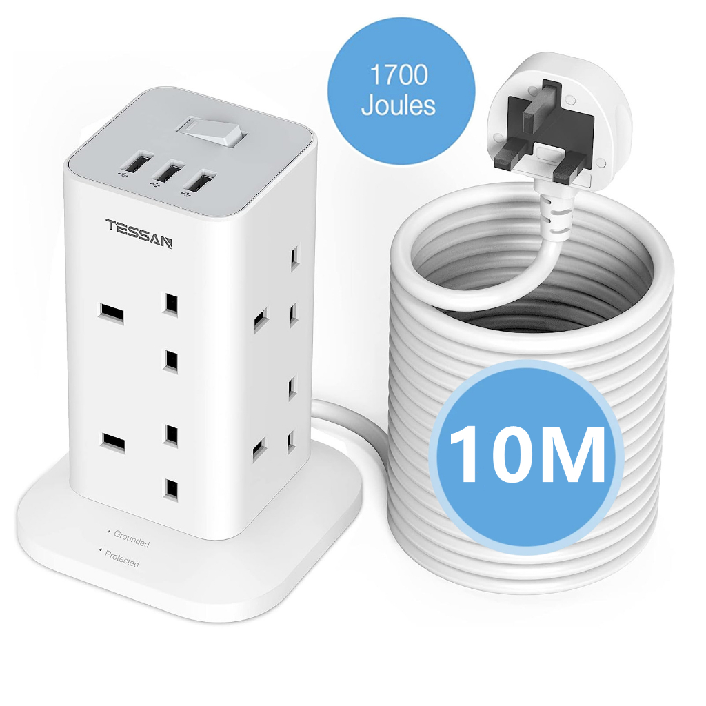 TESSAN 10M Extension Cord Desktop Tower Power Strip with 3 USB Slots, 8