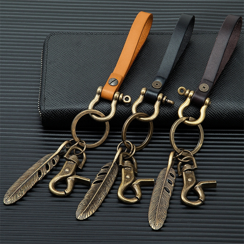 MKENDN Handmade Leather Keychain Brass D-Shape Shackle Creative DIY ...