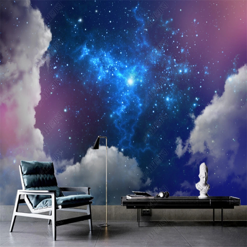 Custom Abstract Blue Starry Sky Clouds Mural Wallpapers for Living Room
