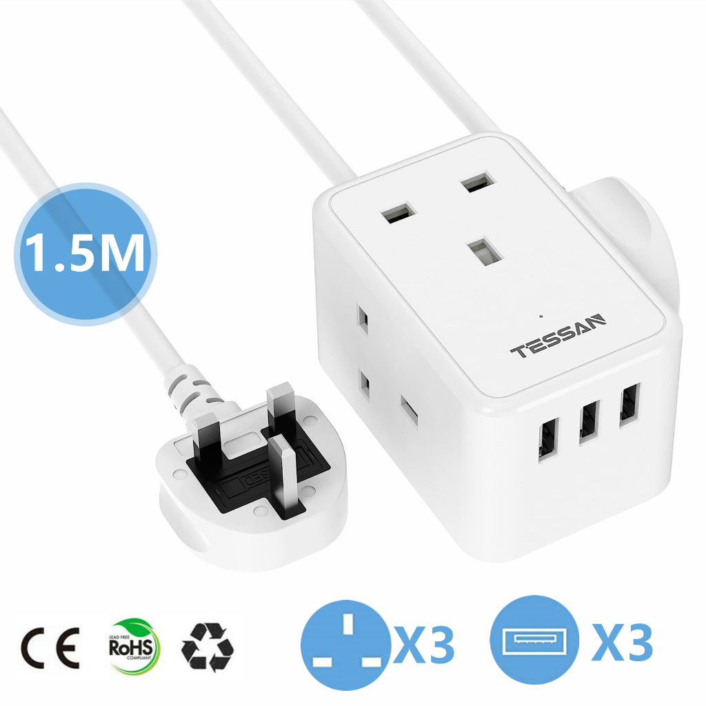 TESSAN 1.5/2 Metre Extension Cord Multi Plug Extension with 3 USB Ports