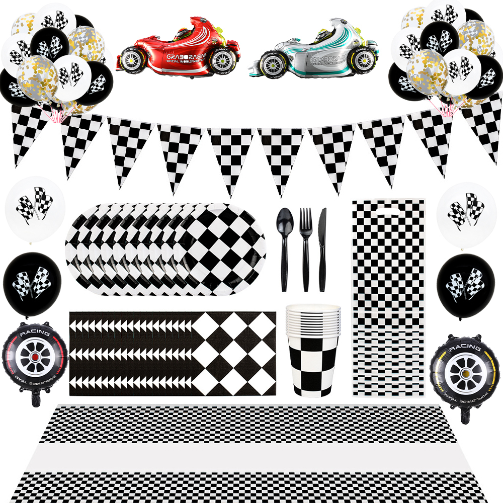 Racing theme party Disposable tableware supplies black and white ...