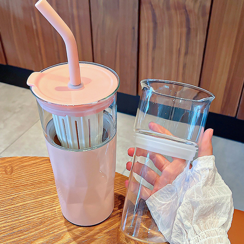 2 in 1 glass thermos cup tea cup with straw Vacuum Stainless Steel