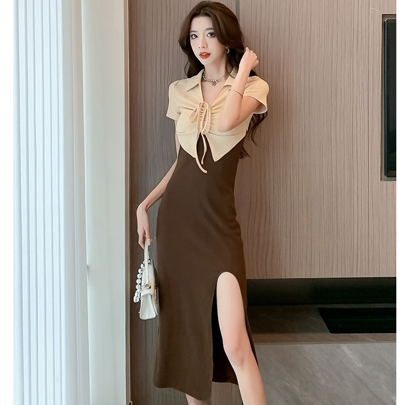 Korean Style Fake Two Piece Dress Summer New High Waist Split Fold ...