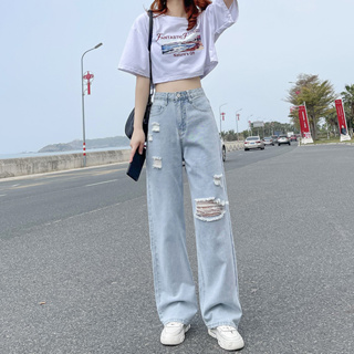 High-waisted loose ripped jeans women's straight wide-leg pants