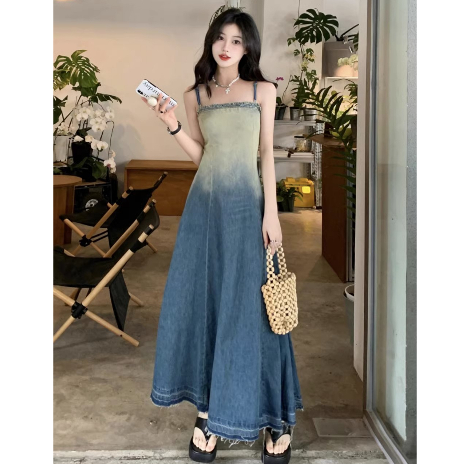 LOXCAVIN. denim dress Gradient strap long skirt plus size korean style ...