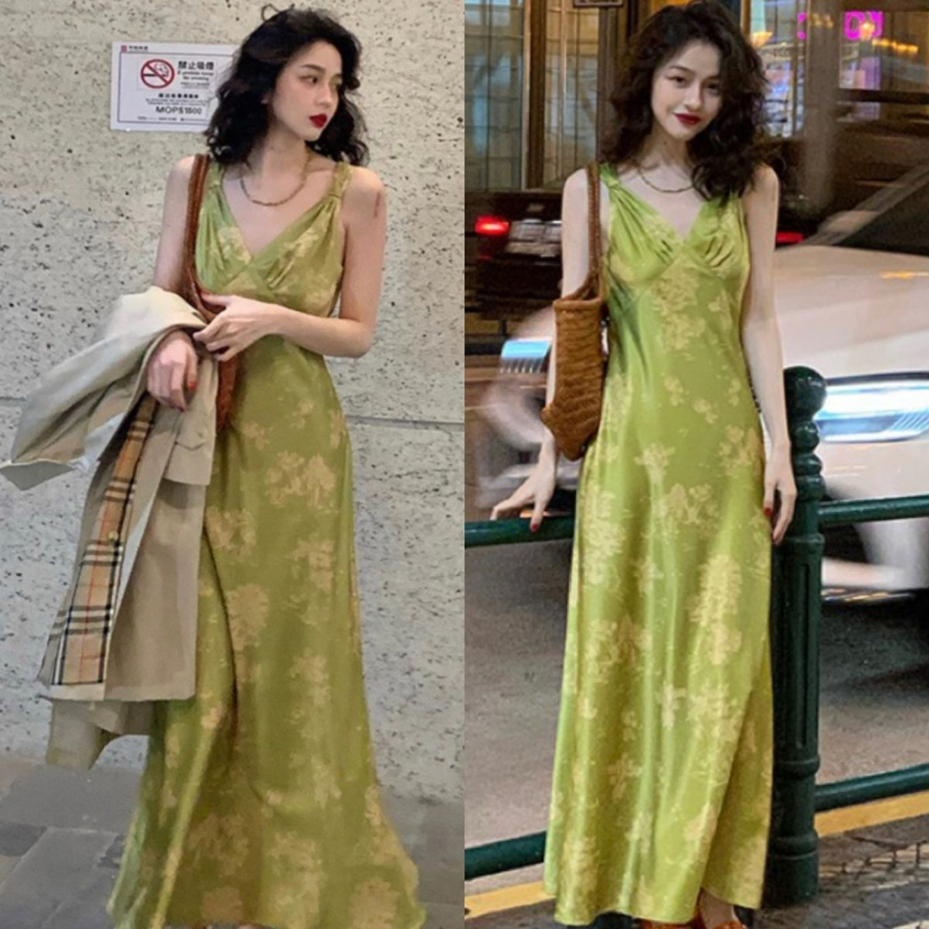 Women Green Maxi Dress Hong Kong Style Retro Long Dress Elegant Printed